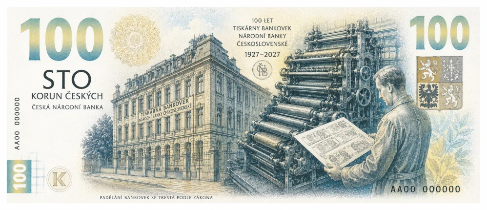 Pamětní bankovka 100 Kč 100. výročí zahájení provozu Tiskárny bankovek Národní banky Československé v Praze 2028