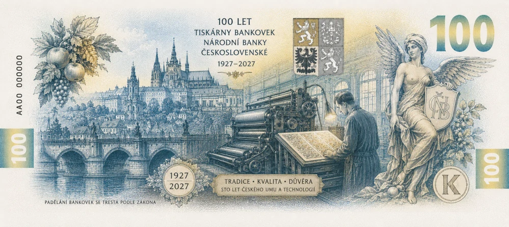 Pamětní bankovka 100 Kč 100. výročí zahájení provozu Tiskárny bankovek Národní banky Československé v Praze 2028
